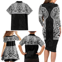 Samoan Traditional Art Tattoos Family Matching Long Sleeve Bodycon Dress and Hawaiian Shirt Tatau Tribal Motifs with Ula Fala Black - Polynesian Pride