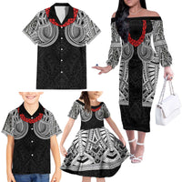 Samoan Traditional Art Tattoos Family Matching Off The Shoulder Long Sleeve Dress and Hawaiian Shirt Tatau Tribal Motifs with Ula Fala Black - Polynesian Pride