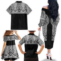 Samoan Traditional Art Tattoos Family Matching Off The Shoulder Long Sleeve Dress and Hawaiian Shirt Tatau Tribal Motifs with Ula Fala Black - Polynesian Pride