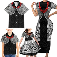 Samoan Traditional Art Tattoos Family Matching Short Sleeve Bodycon Dress and Hawaiian Shirt Tatau Tribal Motifs with Ula Fala Black - Polynesian Pride