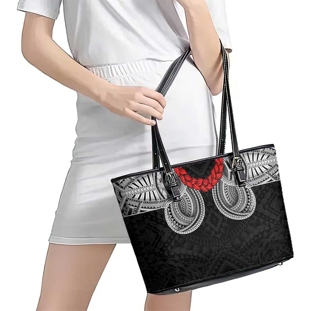 Samoan Traditional Art Tattoos Leather Tote Bag Tatau Tribal Motifs with Ula Fala Black - Polynesian Pride