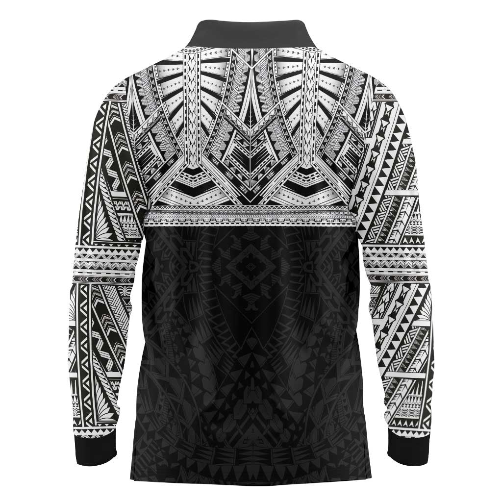 Samoan Traditional Art Tattoos Long Sleeve Polo Shirt Tatau Tribal Motifs with Ula Fala Black - Polynesian Pride