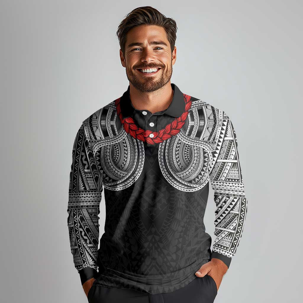 Samoan Traditional Art Tattoos Long Sleeve Polo Shirt Tatau Tribal Motifs with Ula Fala Black - Polynesian Pride