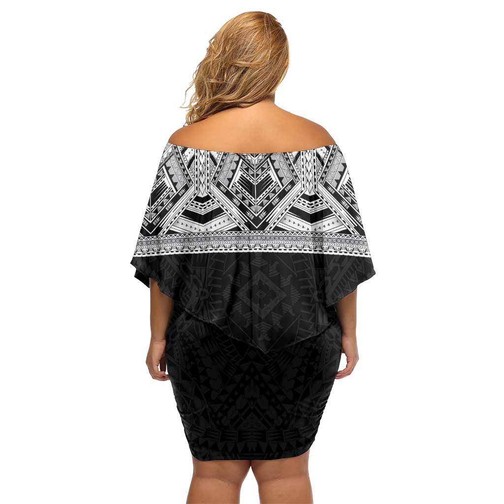 Samoan Traditional Art Tattoos Off Shoulder Short Dress Tatau Tribal Motifs with Ula Fala Black - Polynesian Pride