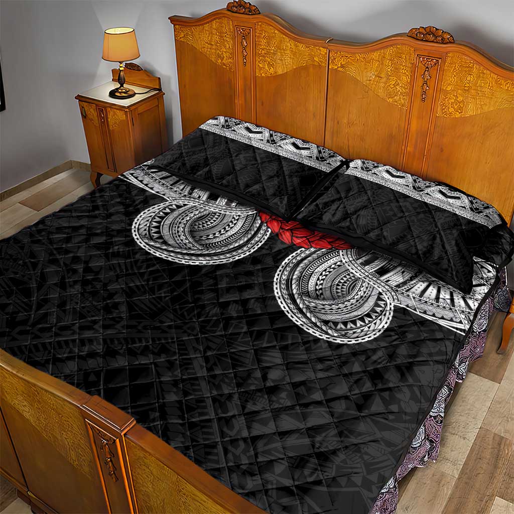 Samoan Traditional Art Tattoos Quilt Bed Set Tatau Tribal Motifs with Ula Fala Black - Polynesian Pride