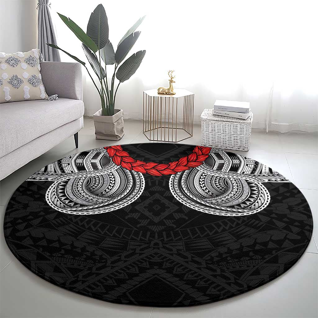 Samoan Traditional Art Tattoos Round Carpet Tatau Tribal Motifs with Ula Fala Black - Polynesian Pride