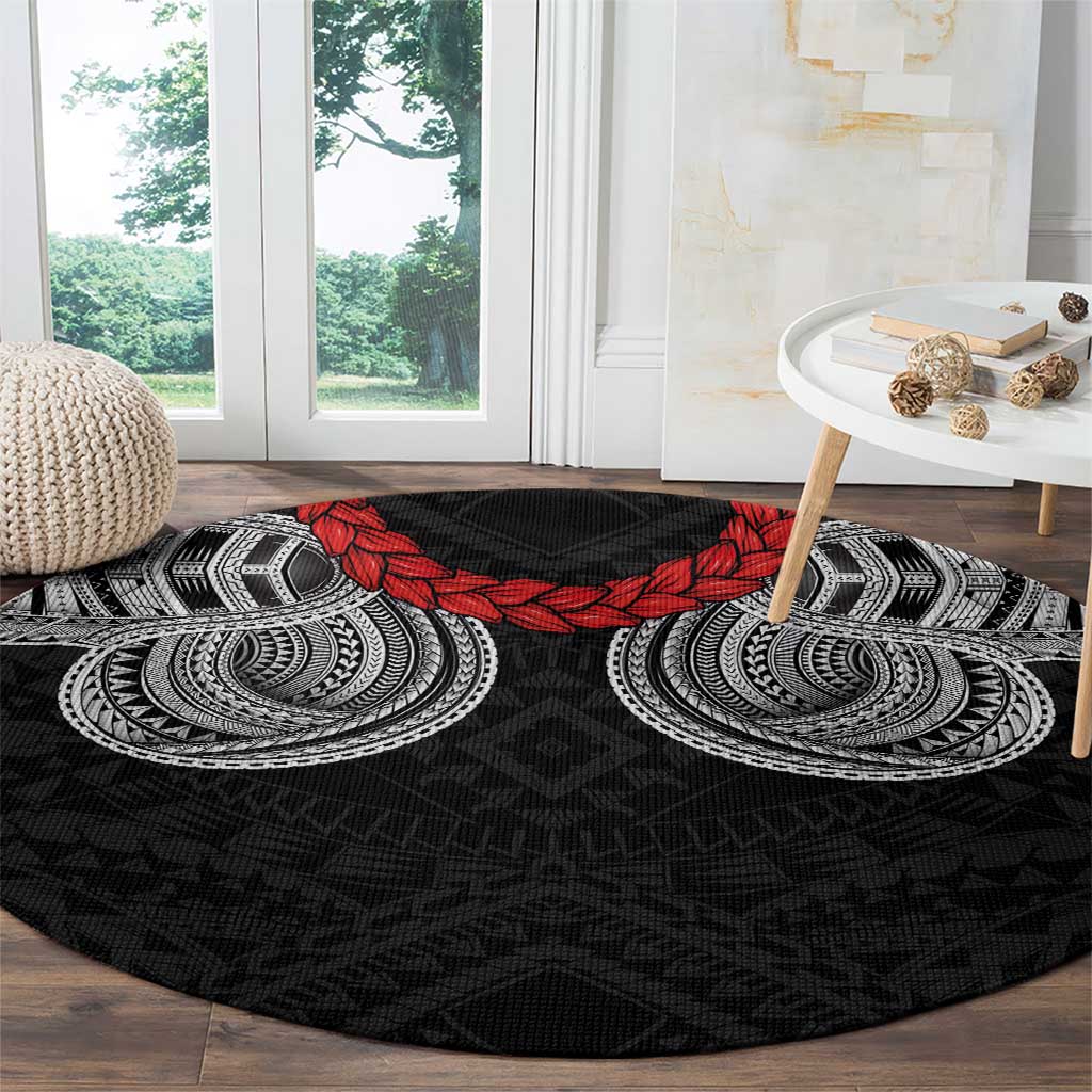 Samoan Traditional Art Tattoos Round Carpet Tatau Tribal Motifs with Ula Fala Black - Polynesian Pride