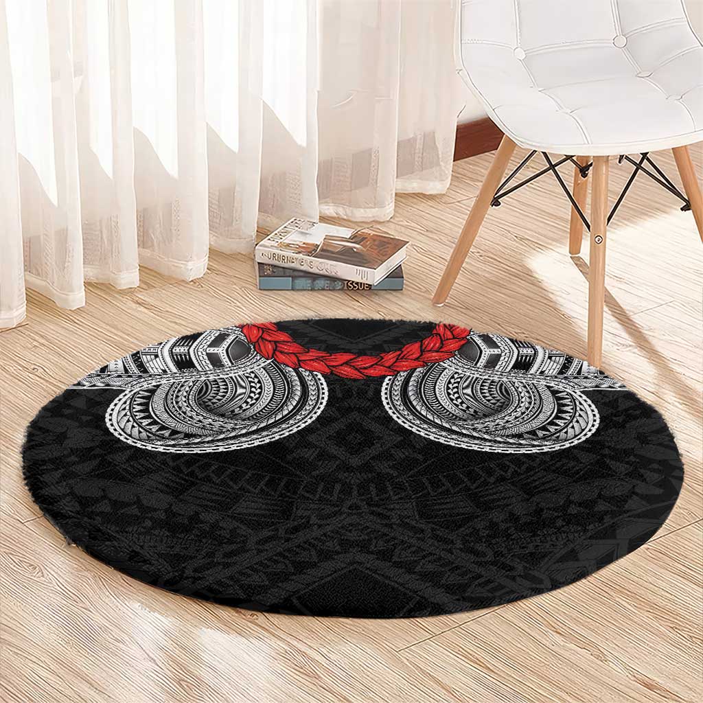 Samoan Traditional Art Tattoos Round Carpet Tatau Tribal Motifs with Ula Fala Black - Polynesian Pride