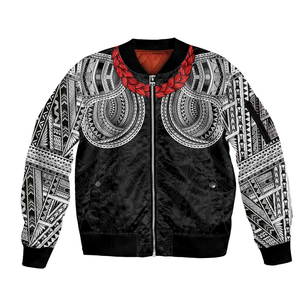 Samoan Traditional Art Tattoos Sleeve Zip Bomber Jacket Tatau Tribal Motifs with Ula Fala Black - Polynesian Pride