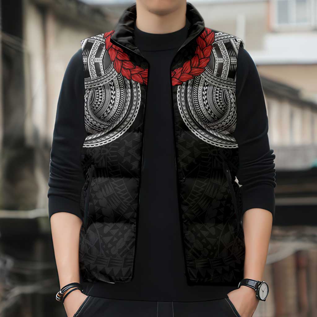 Samoan Traditional Art Tattoos Sleeveless Puffer Jacket Tatau Tribal Motifs with Ula Fala Black - Polynesian Pride