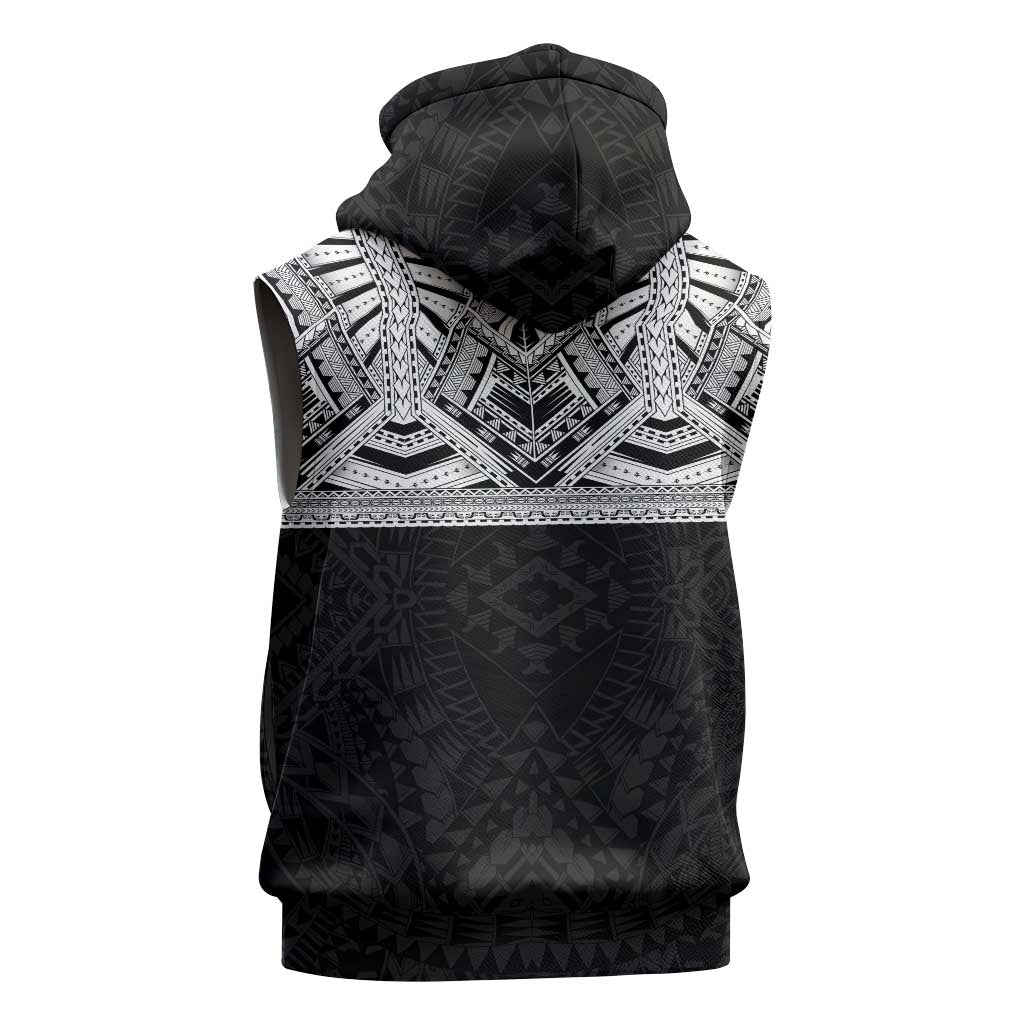 Samoan Traditional Art Tattoos Sleeveless Zip Hoodie Tatau Tribal Motifs with Ula Fala Black - Polynesian Pride
