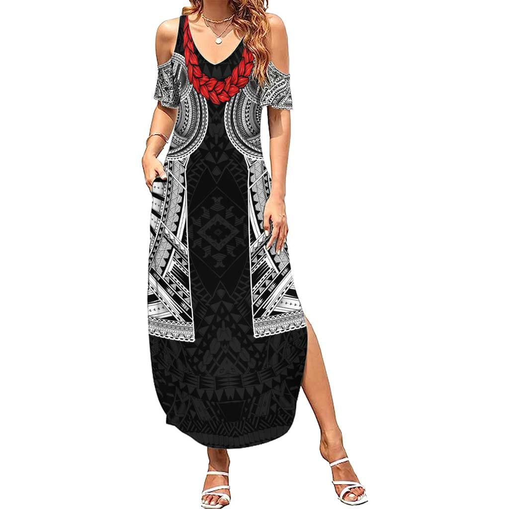 Samoan Traditional Art Tattoos Summer Maxi Dress Tatau Tribal Motifs with Ula Fala Black - Polynesian Pride