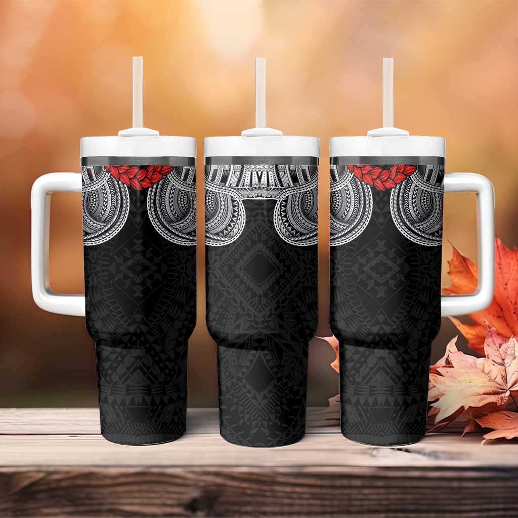 Samoan Traditional Art Tattoos Tumbler With Handle Tatau Tribal Motifs with Ula Fala Black - Polynesian Pride