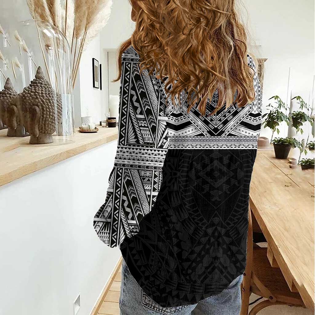 Samoan Traditional Art Tattoos Women Casual Shirt Tatau Tribal Motifs with Ula Fala Black - Polynesian Pride