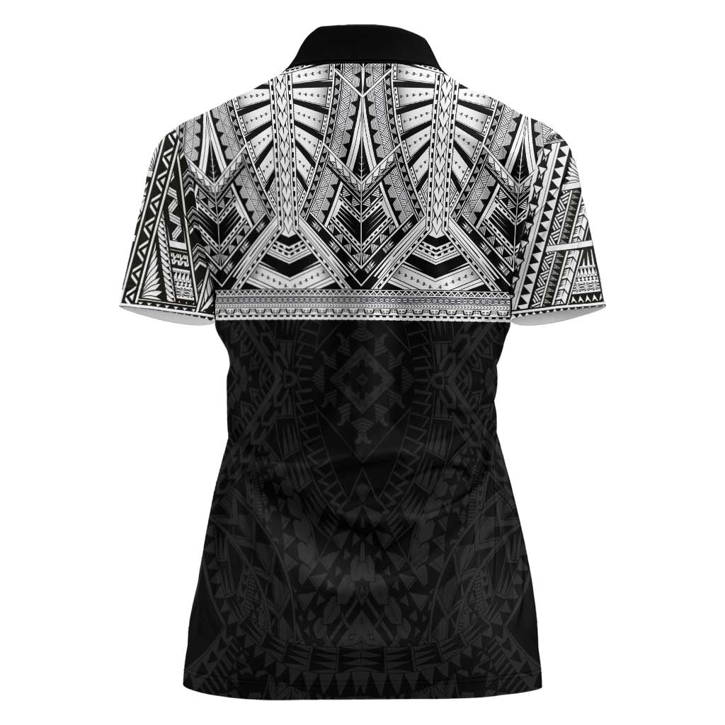 Samoan Traditional Art Tattoos Women Polo Shirt Tatau Tribal Motifs with Ula Fala Black - Polynesian Pride