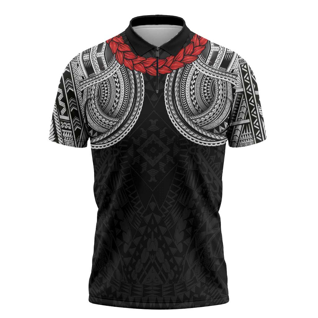 Samoan Traditional Art Tattoos Zipper Polo Shirt Tatau Tribal Motifs with Ula Fala Black - Polynesian Pride