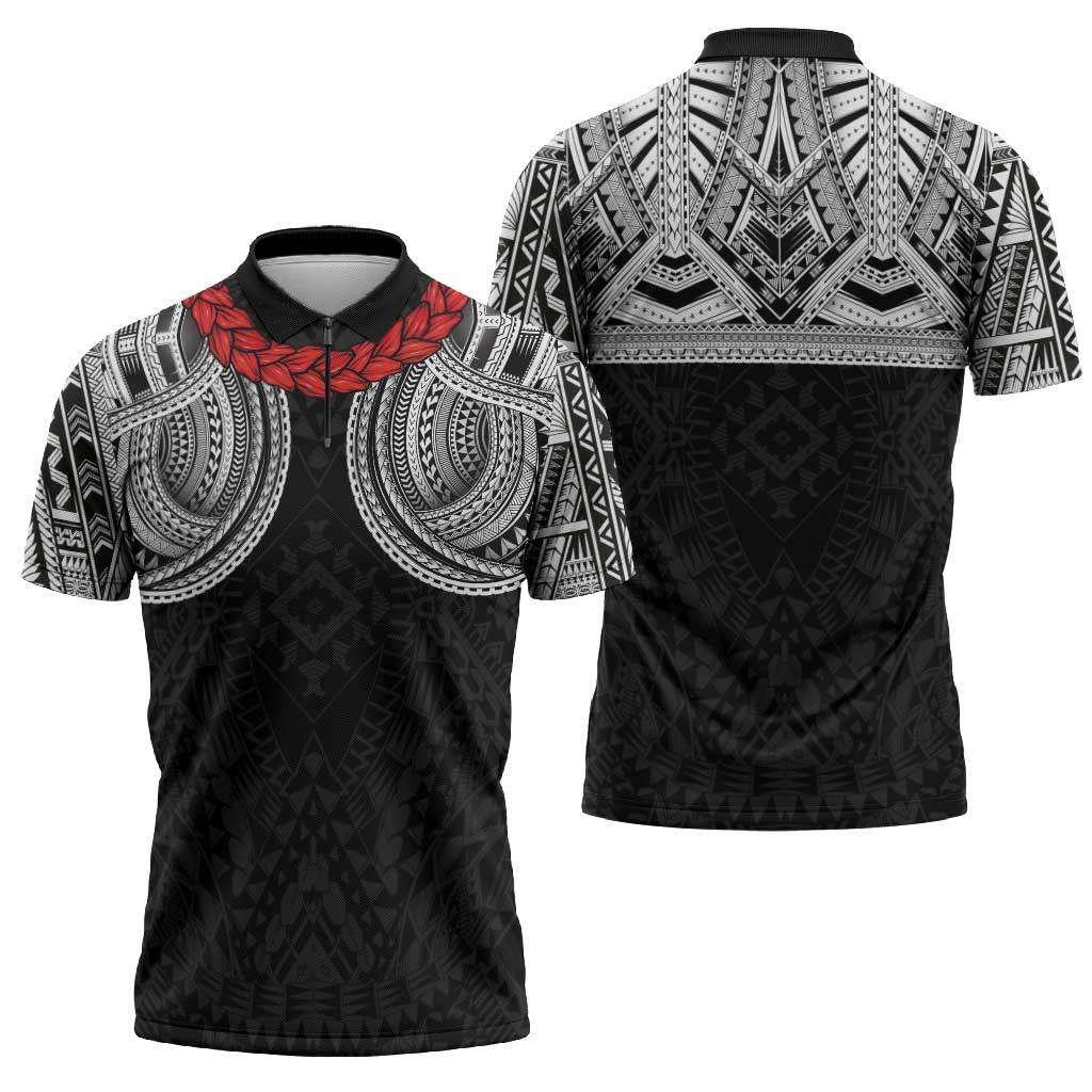 Samoan Traditional Art Tattoos Zipper Polo Shirt Tatau Tribal Motifs with Ula Fala Black - Polynesian Pride