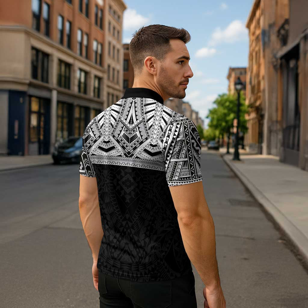 Samoan Traditional Art Tattoos Zipper Polo Shirt Tatau Tribal Motifs with Ula Fala Black - Polynesian Pride