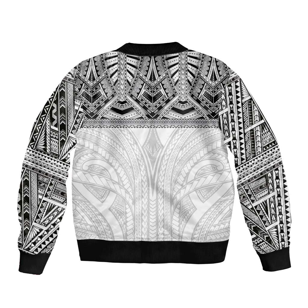 Samoan Traditional Art Tattoos Bomber Jacket Tatau Tribal Motifs with Ula Nifo White - Polynesian Pride