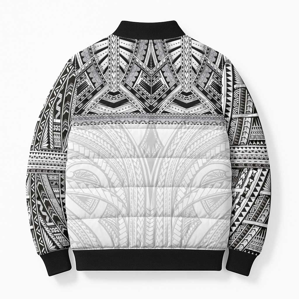 Samoan Traditional Art Tattoos Bomber Puffer Jacket Tatau Tribal Motifs with Ula Nifo White - Polynesian Pride