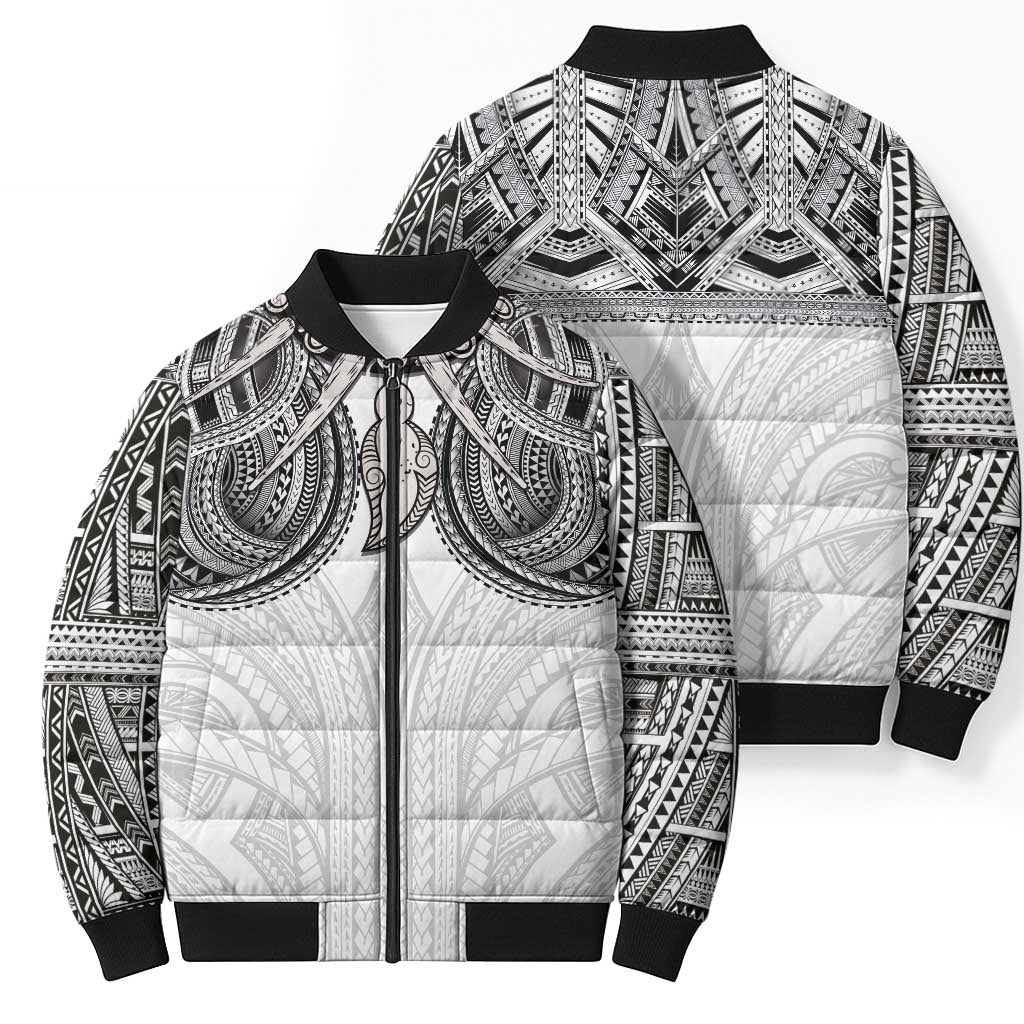 Samoan Traditional Art Tattoos Bomber Puffer Jacket Tatau Tribal Motifs with Ula Nifo White - Polynesian Pride