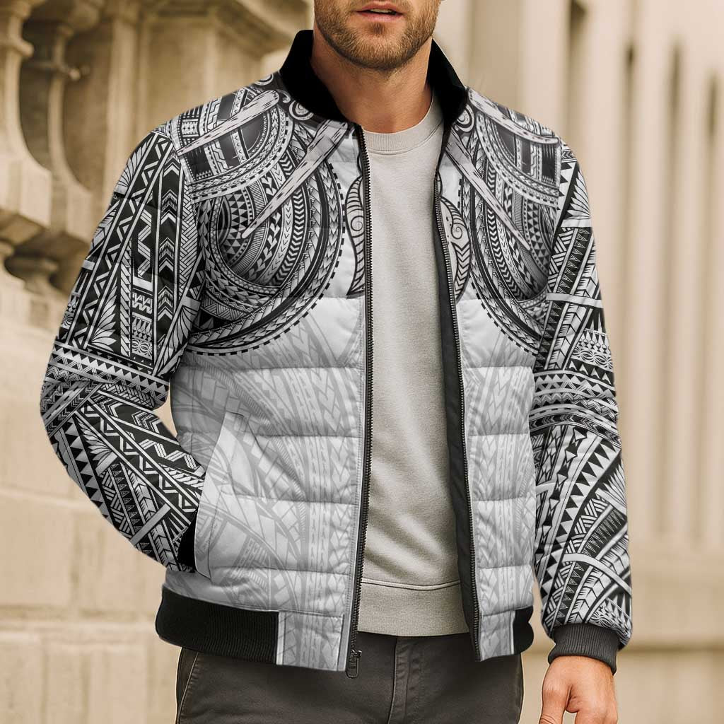 Samoan Traditional Art Tattoos Bomber Puffer Jacket Tatau Tribal Motifs with Ula Nifo White - Polynesian Pride