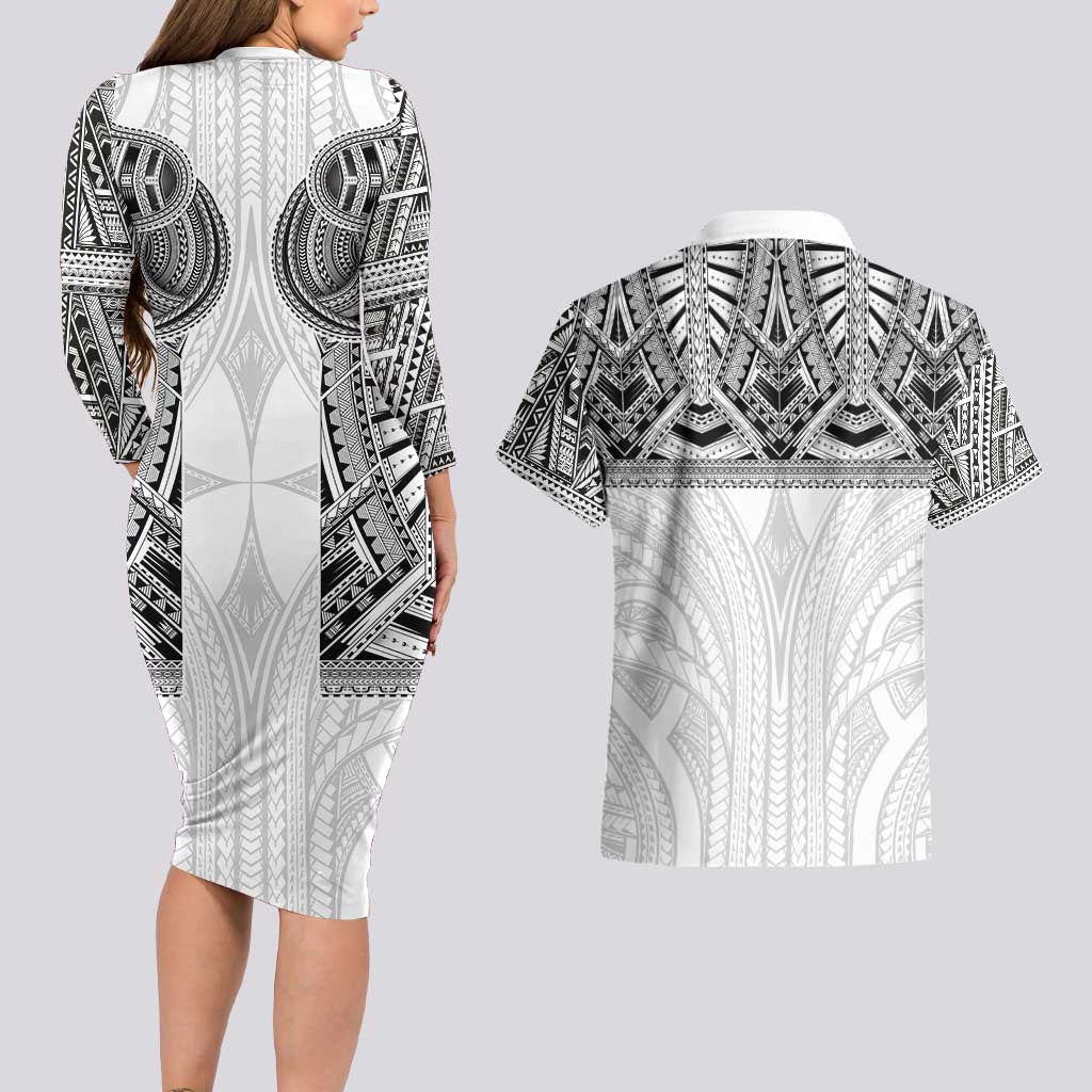 Samoan Traditional Art Tattoos Couples Matching Long Sleeve Bodycon Dress and Hawaiian Shirt Tatau Tribal Motifs with Ula Nifo White - Polynesian Pride