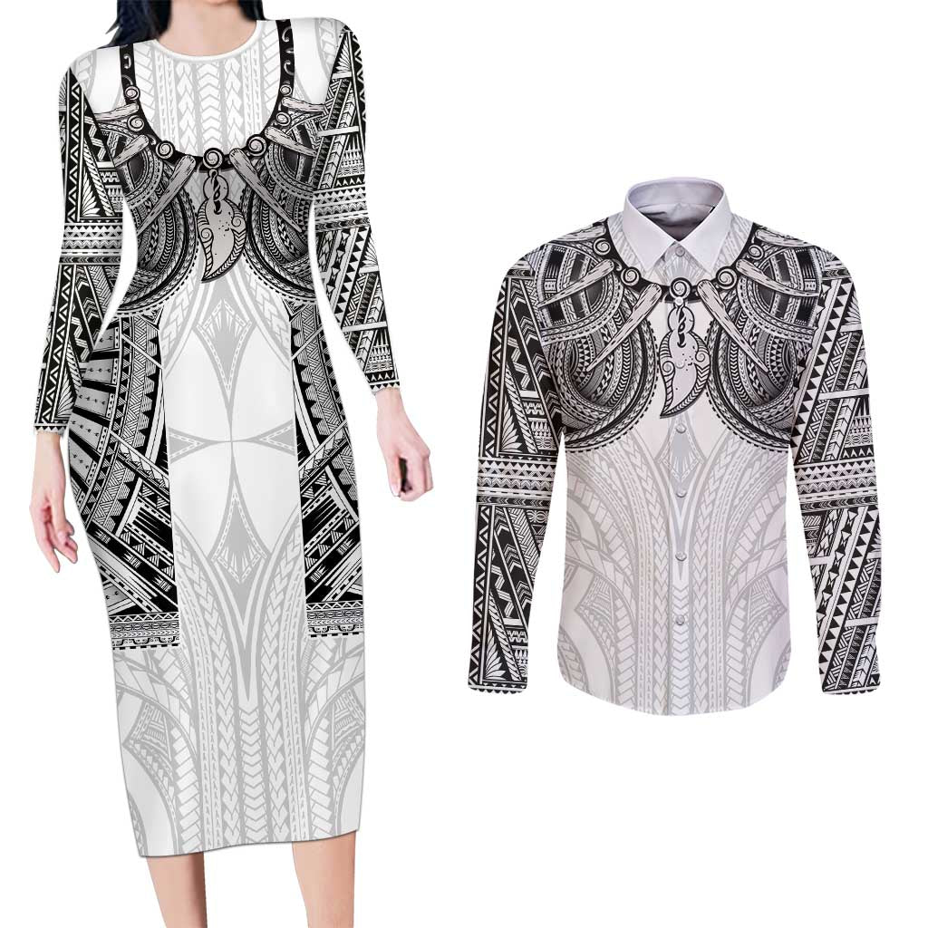 Samoan Traditional Art Tattoos Couples Matching Long Sleeve Bodycon Dress and Long Sleeve Button Shirt Tatau Tribal Motifs with Ula Nifo White - Polynesian Pride