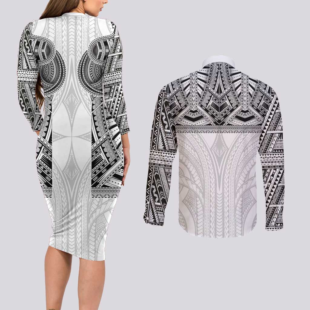 Samoan Traditional Art Tattoos Couples Matching Long Sleeve Bodycon Dress and Long Sleeve Button Shirt Tatau Tribal Motifs with Ula Nifo White - Polynesian Pride