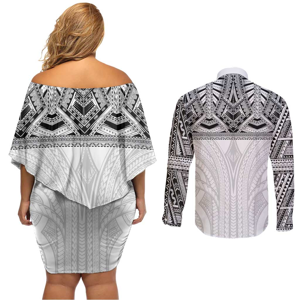 Samoan Traditional Art Tattoos Couples Matching Off Shoulder Short Dress and Long Sleeve Button Shirt Tatau Tribal Motifs with Ula Nifo White - Polynesian Pride