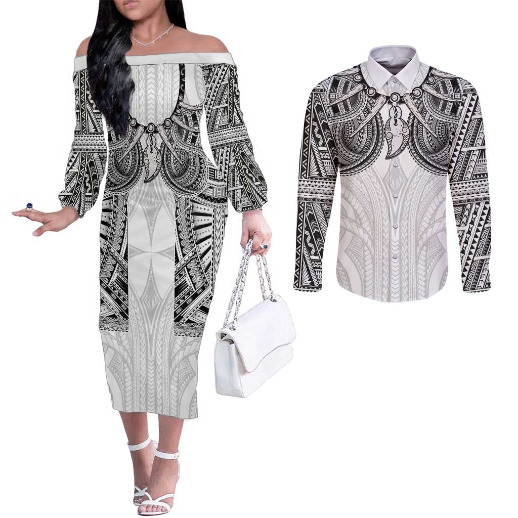 Samoan Traditional Art Tattoos Couples Matching Off The Shoulder Long Sleeve Dress and Long Sleeve Button Shirt Tatau Tribal Motifs with Ula Nifo White - Polynesian Pride
