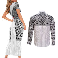 Samoan Traditional Art Tattoos Couples Matching Short Sleeve Bodycon Dress and Long Sleeve Button Shirt Tatau Tribal Motifs with Ula Nifo White - Polynesian Pride