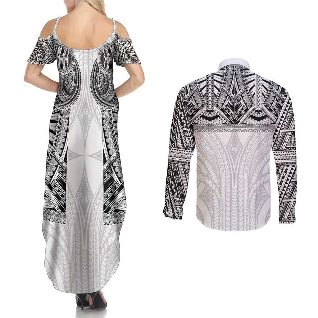 Samoan Traditional Art Tattoos Couples Matching Summer Maxi Dress and Long Sleeve Button Shirt Tatau Tribal Motifs with Ula Nifo White - Polynesian Pride