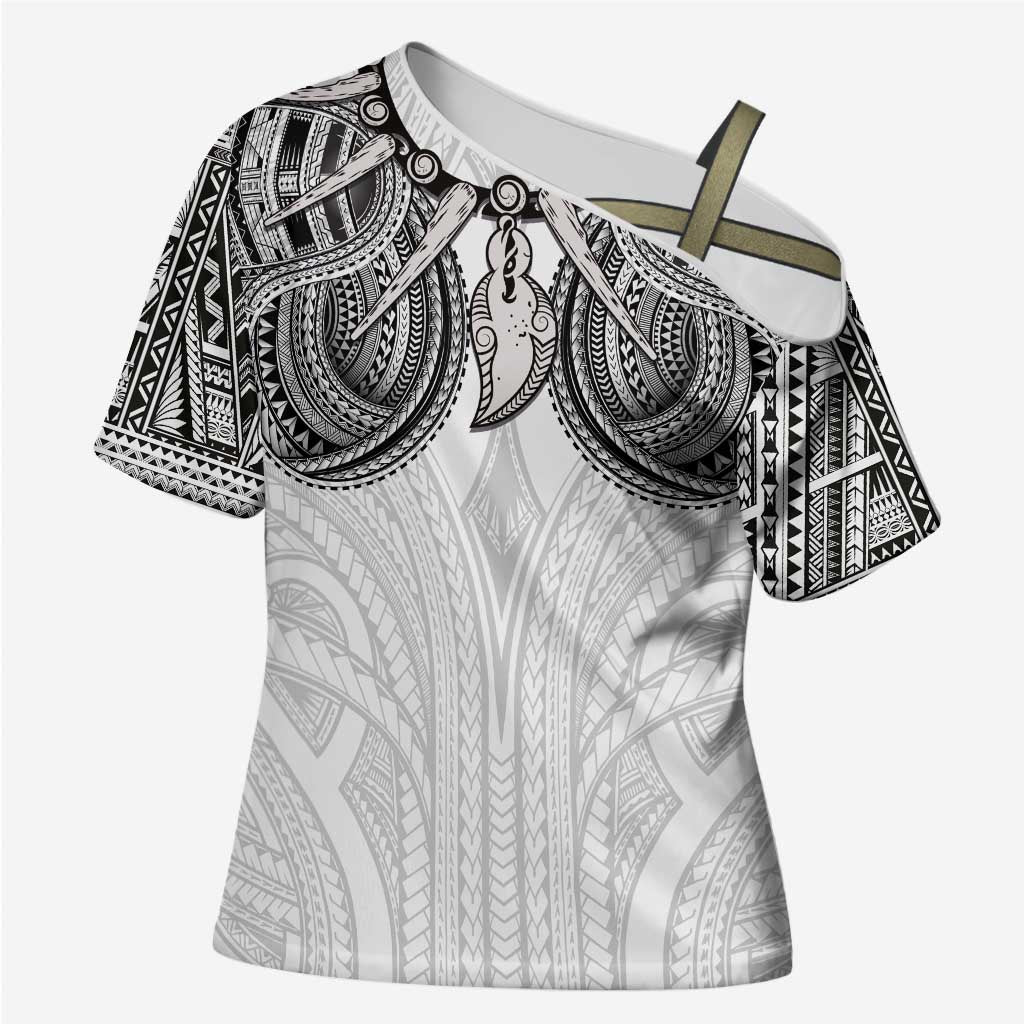 Samoan Traditional Art Tattoos Cross Shoulder Shirt Tatau Tribal Motifs with Ula Nifo White - Polynesian Pride
