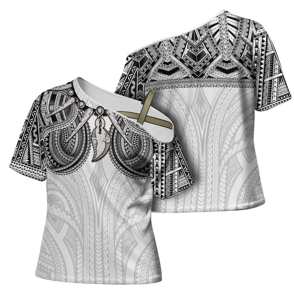 Samoan Traditional Art Tattoos Cross Shoulder Shirt Tatau Tribal Motifs with Ula Nifo White - Polynesian Pride