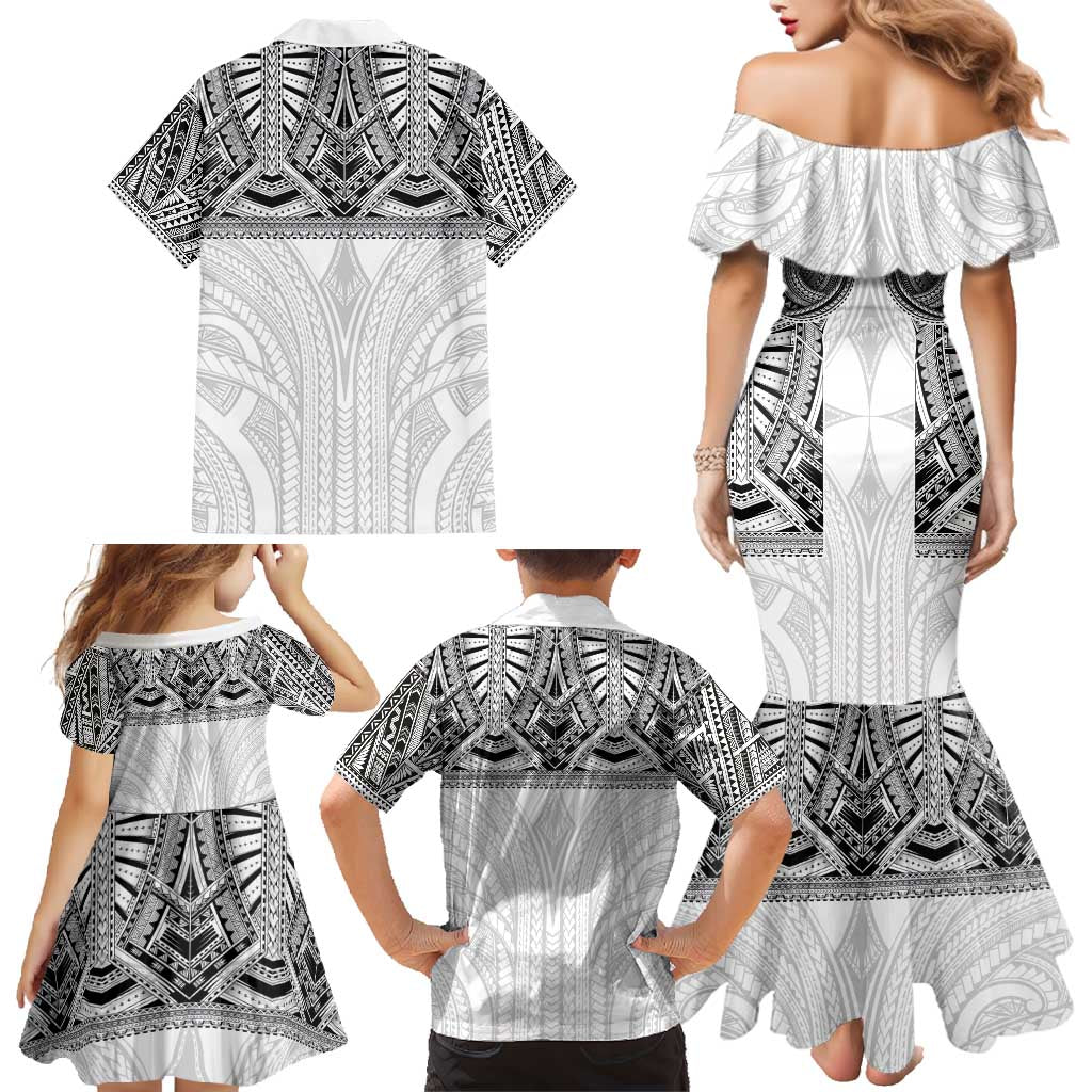 Samoan Traditional Art Tattoos Family Matching Mermaid Dress and Hawaiian Shirt Tatau Tribal Motifs with Ula Nifo White - Polynesian Pride