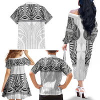 Samoan Traditional Art Tattoos Family Matching Off The Shoulder Long Sleeve Dress and Hawaiian Shirt Tatau Tribal Motifs with Ula Nifo White - Polynesian Pride