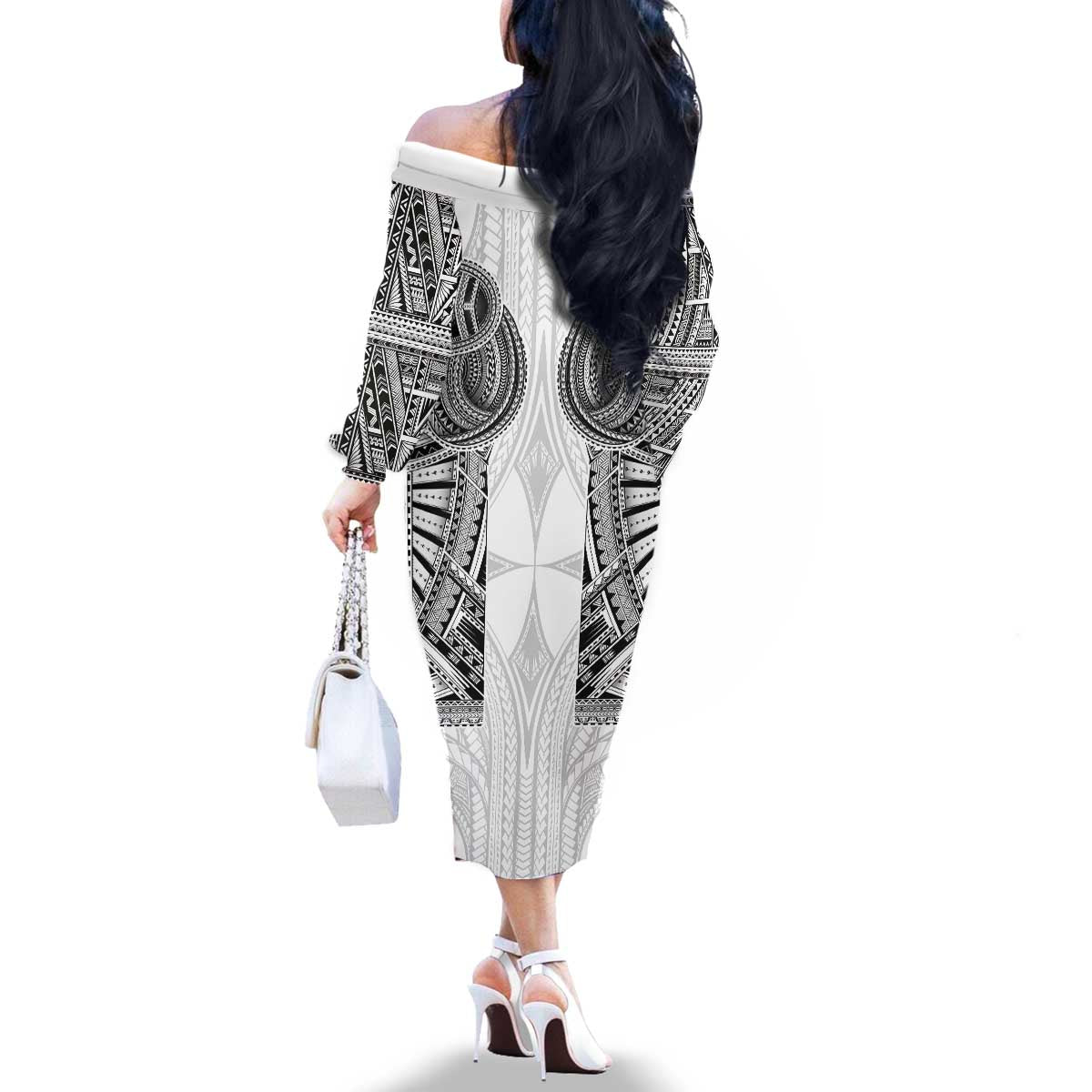 Samoan Traditional Art Tattoos Family Matching Off The Shoulder Long Sleeve Dress and Hawaiian Shirt Tatau Tribal Motifs with Ula Nifo White - Polynesian Pride