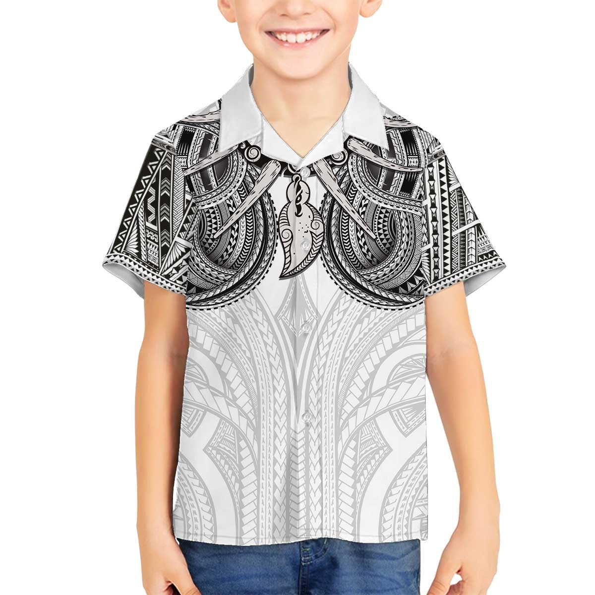 Samoan Traditional Art Tattoos Family Matching Off The Shoulder Long Sleeve Dress and Hawaiian Shirt Tatau Tribal Motifs with Ula Nifo White - Polynesian Pride