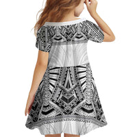 Samoan Traditional Art Tattoos Family Matching Off Shoulder Short Dress and Hawaiian Shirt Tatau Tribal Motifs with Ula Nifo White - Polynesian Pride