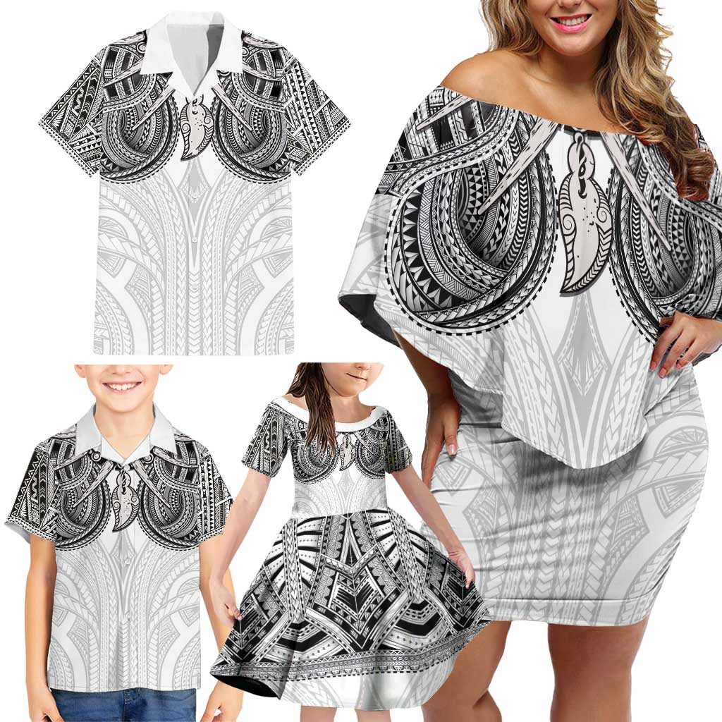 Samoan Traditional Art Tattoos Family Matching Off Shoulder Short Dress and Hawaiian Shirt Tatau Tribal Motifs with Ula Nifo White - Polynesian Pride