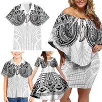 Samoan Traditional Art Tattoos Family Matching Off Shoulder Short Dress and Hawaiian Shirt Tatau Tribal Motifs with Ula Nifo White - Polynesian Pride