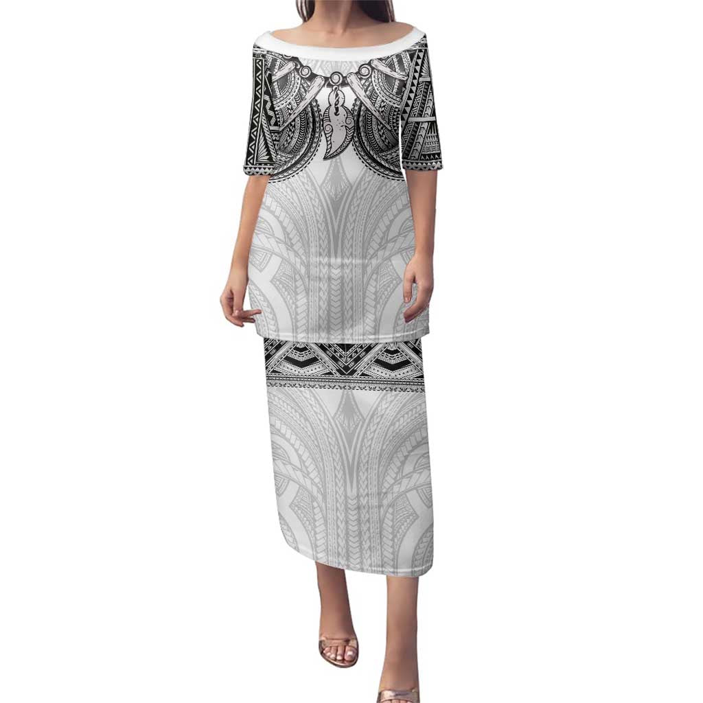 Samoan Traditional Art Tattoos Family Matching Puletasi and Hawaiian Shirt Tatau Tribal Motifs with Ula Nifo White - Polynesian Pride