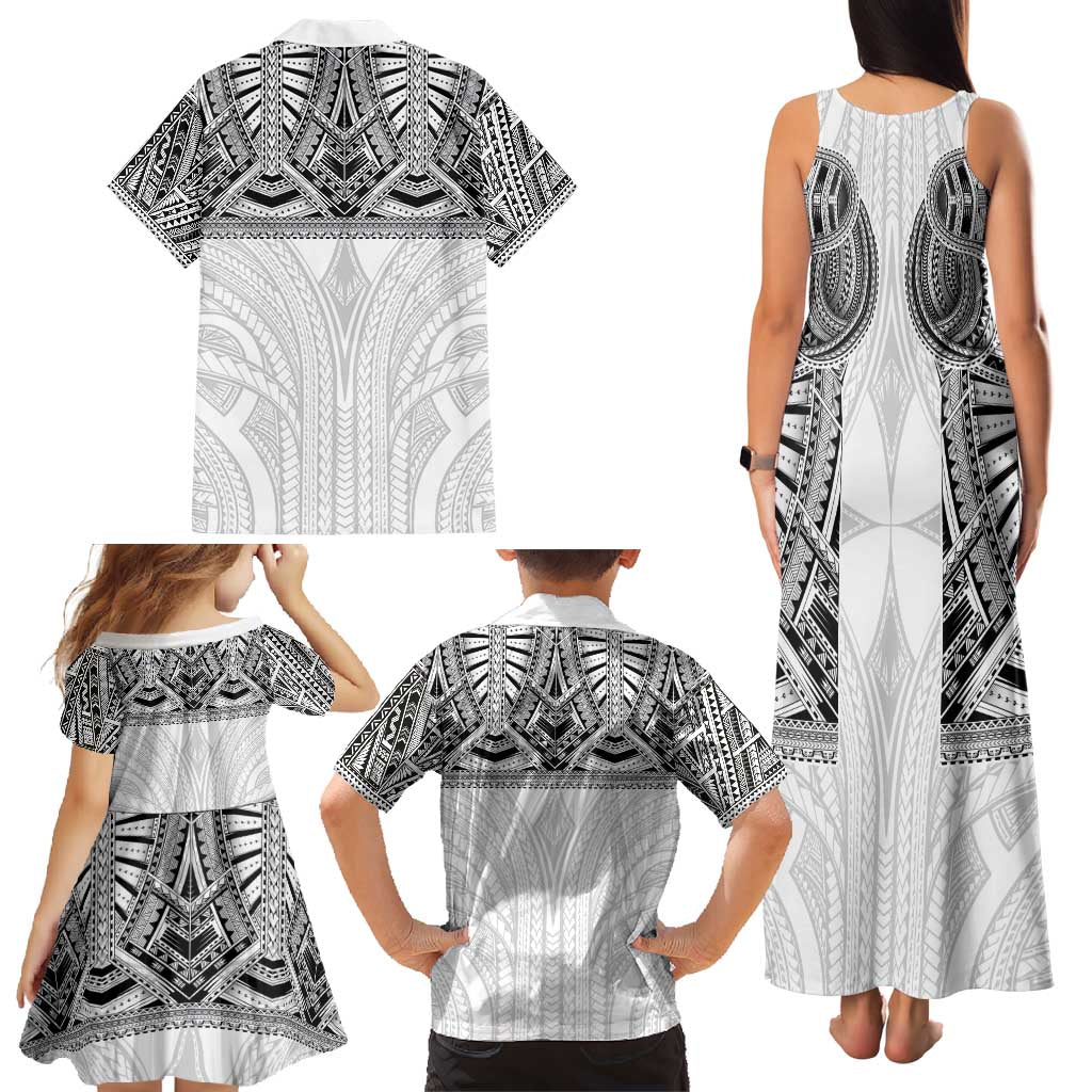 Samoan Traditional Art Tattoos Family Matching Tank Maxi Dress and Hawaiian Shirt Tatau Tribal Motifs with Ula Nifo White - Polynesian Pride