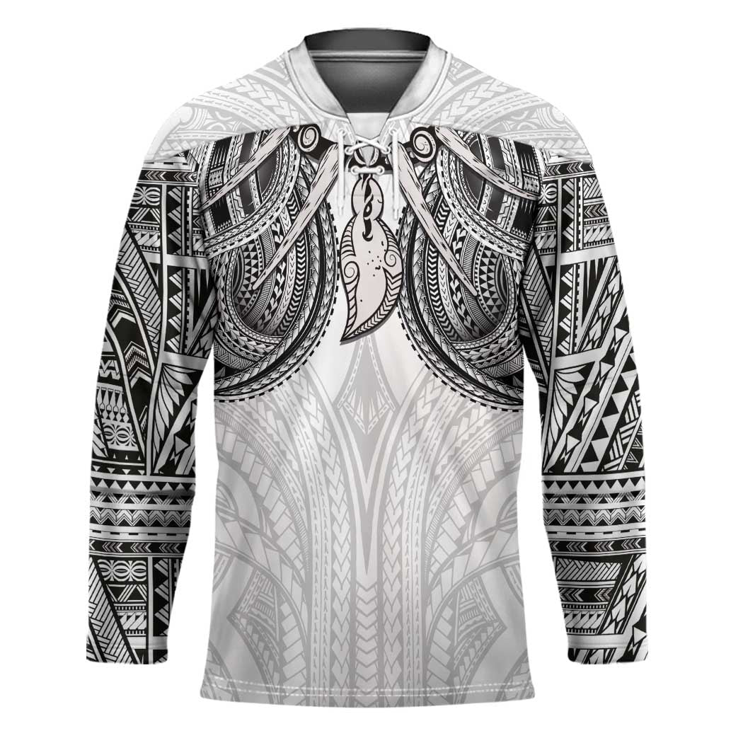 Samoan Traditional Art Tattoos Hockey Jersey Tatau Tribal Motifs with Ula Nifo White - Polynesian Pride