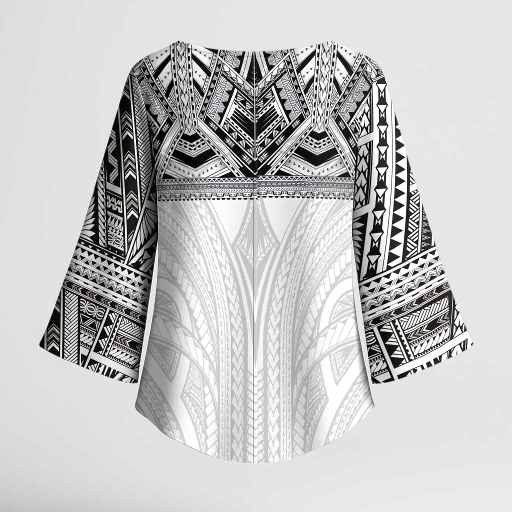 Samoan Traditional Art Tattoos Kimono Sleeve Blouse Tatau Tribal Motifs with Ula Nifo White - Polynesian Pride