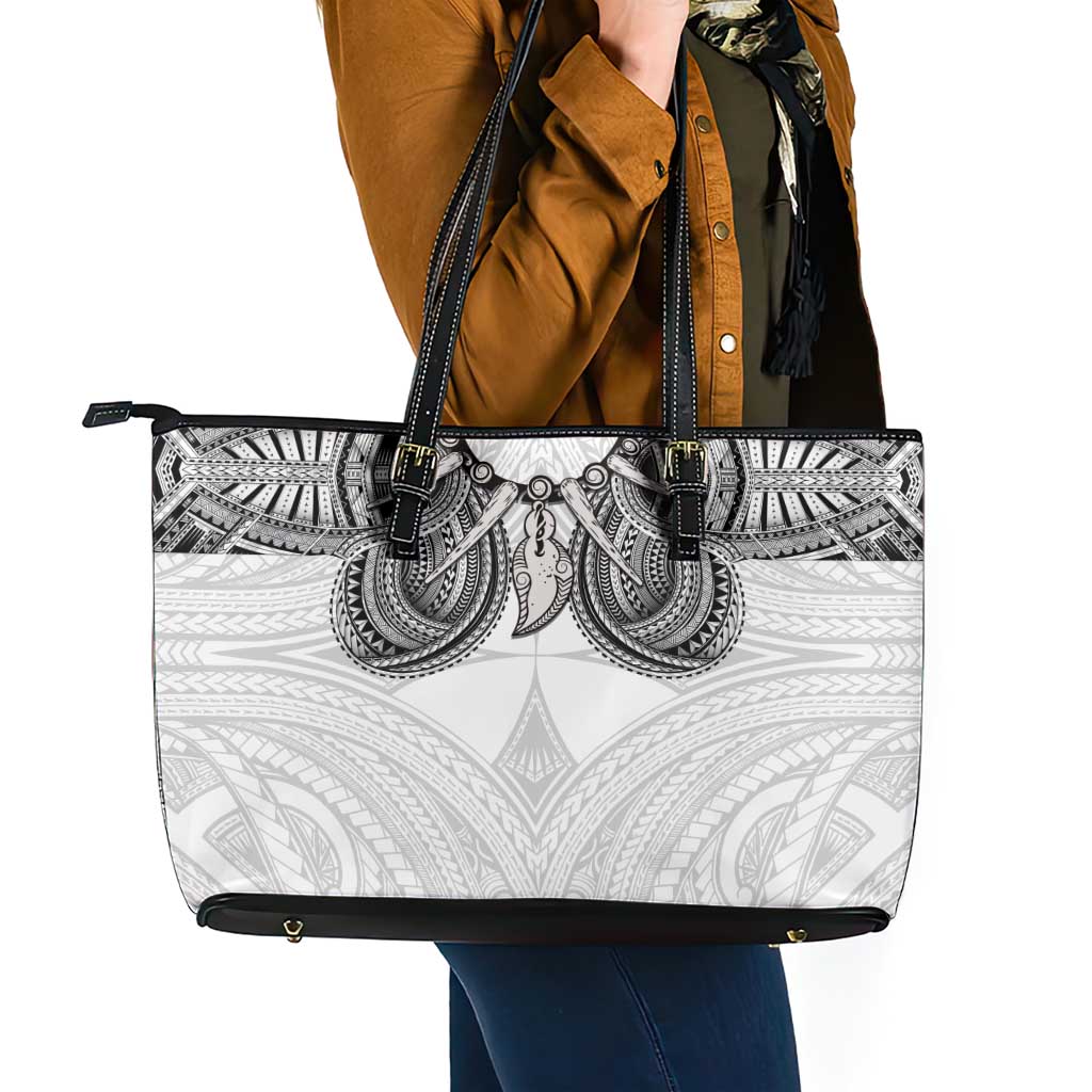 Samoan Traditional Art Tattoos Leather Tote Bag Tatau Tribal Motifs with Ula Nifo White - Polynesian Pride