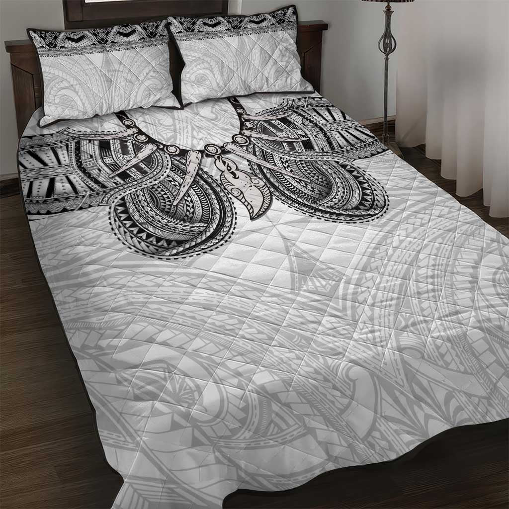 Samoan Traditional Art Tattoos Quilt Bed Set Tatau Tribal Motifs with Ula Nifo White - Polynesian Pride