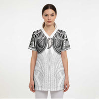Samoan Traditional Art Tattoos Scrub Top Tatau Tribal Motifs with Ula Nifo White - Polynesian Pride