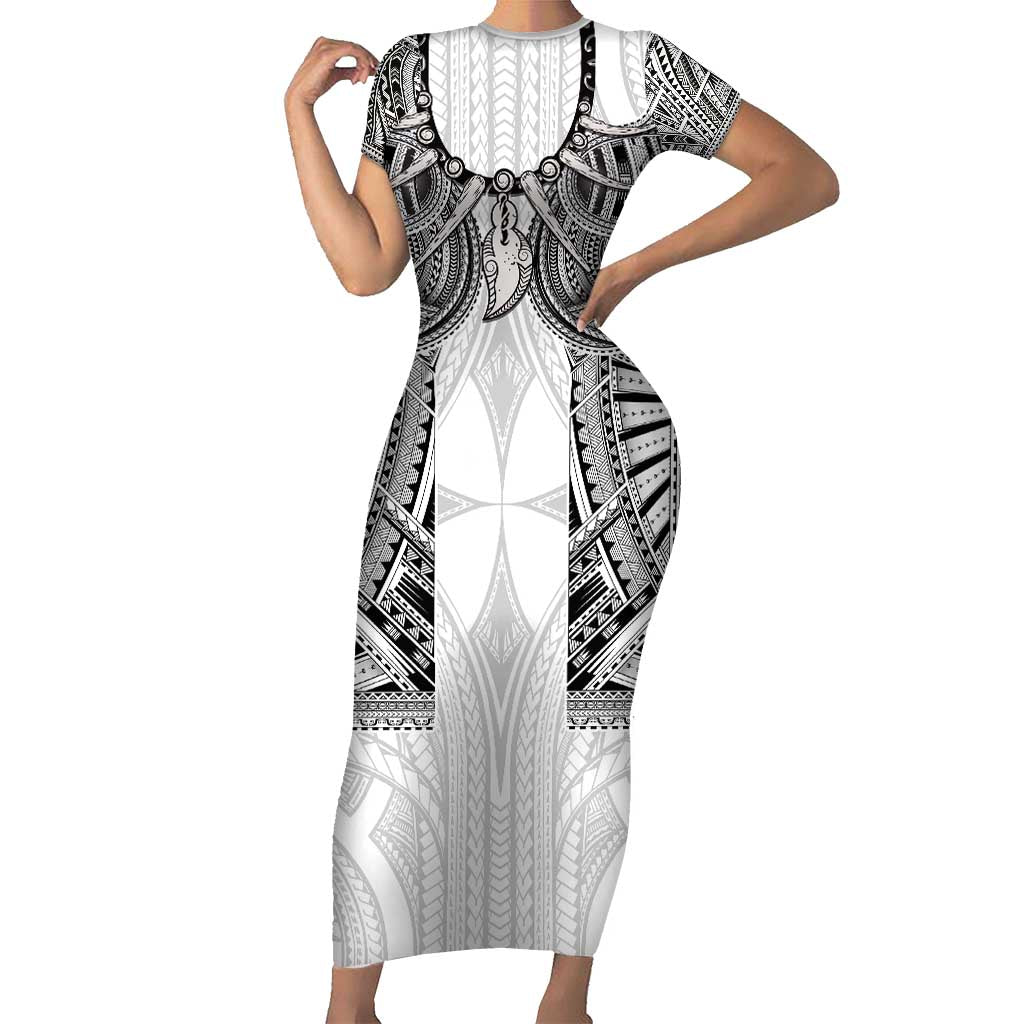 Samoan Traditional Art Tattoos Short Sleeve Bodycon Dress Tatau Tribal Motifs with Ula Nifo White - Polynesian Pride